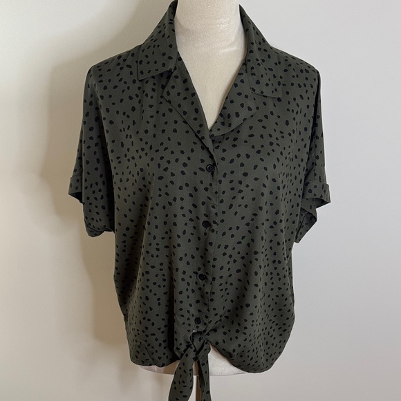 beachlunchlounge Tops - beachlunchlounge Olive Polka Dot Button Down Shirt